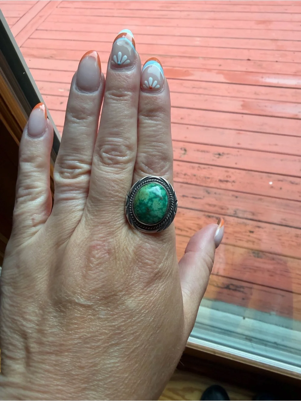 Navajo Shadowbox Turquoise 925 Sterling Silver Stamped Ring Possibly Denetdale 8